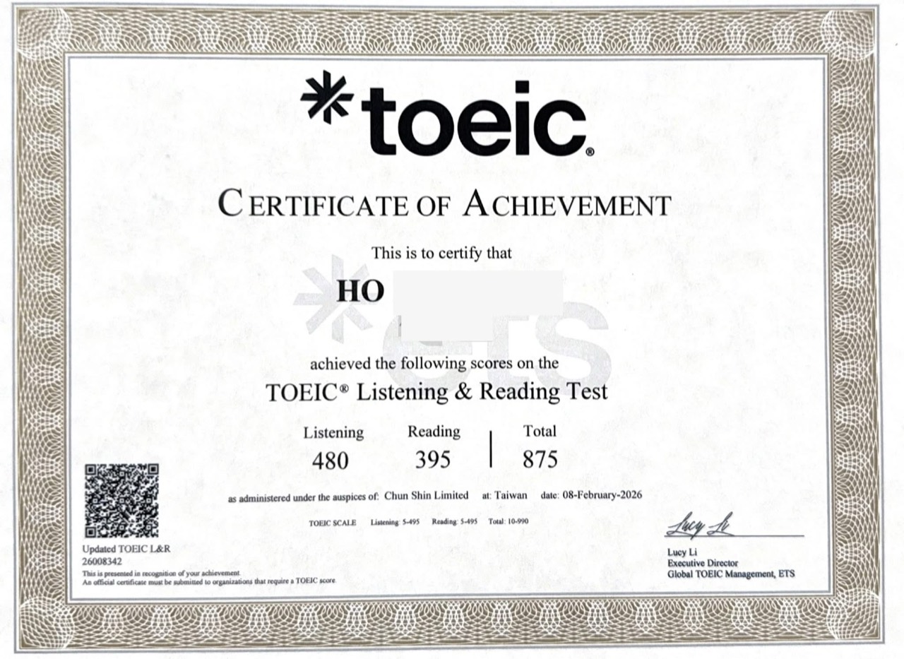 梅薇思英文 TOEIC 多益證書總分 875